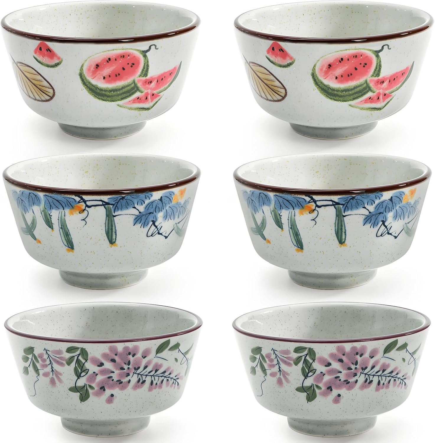 ZAVOOS 6 Pack Retro Ceramic Bowl, 15 Oz Japanese Style Soup Bowls for Kitchen, Hand-Painted Asian Cereal Bowl Dinnerware Set for Serving Rice, Ramen, Pasta, Oatmeal, Dishwasher Microwave Safe