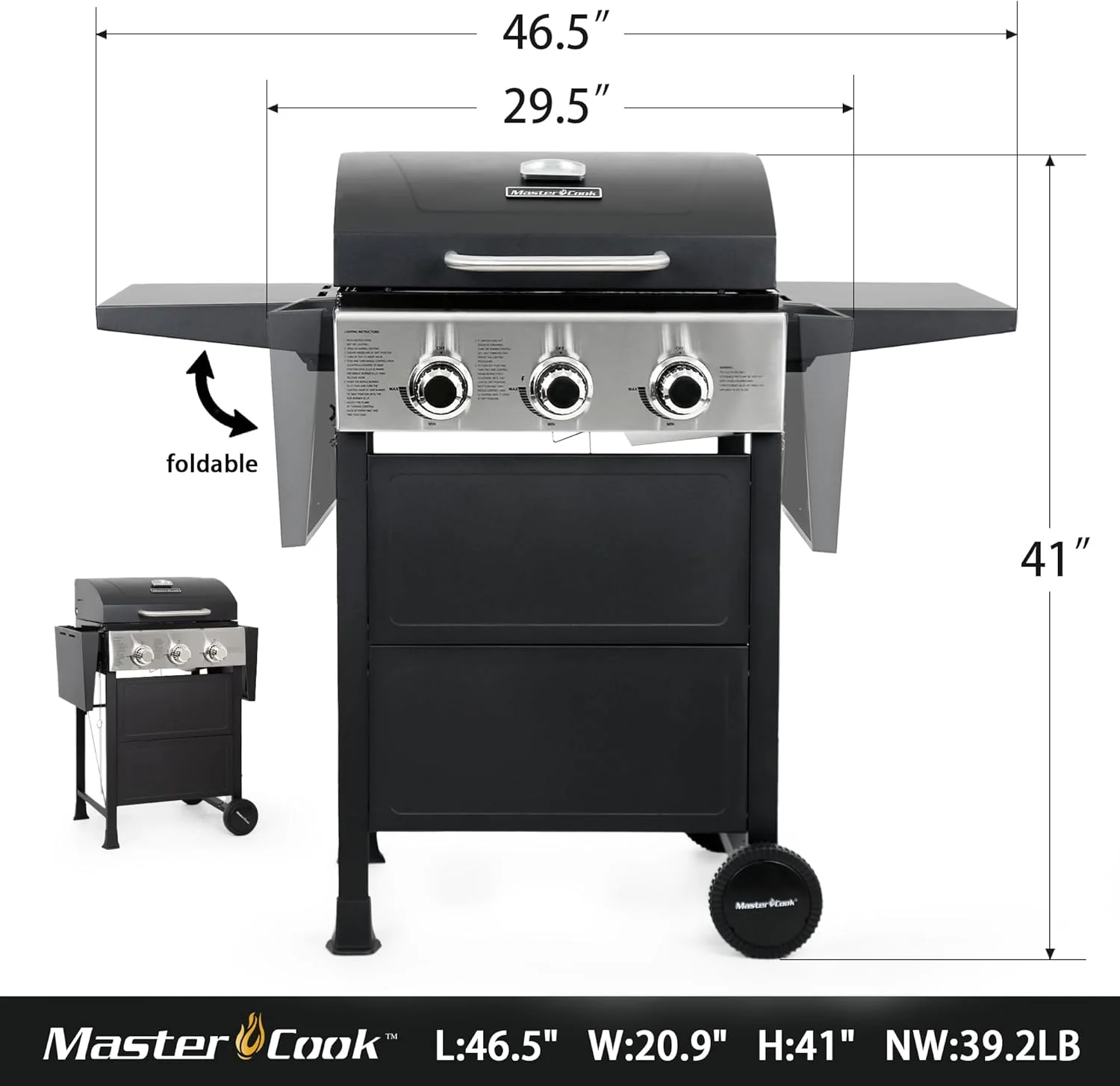 3 Burner BBQ Propane Gas Grill, Stainless Steel 30,000 BTU Patio Garden Barbecue Grill with Two Foldable Shelves