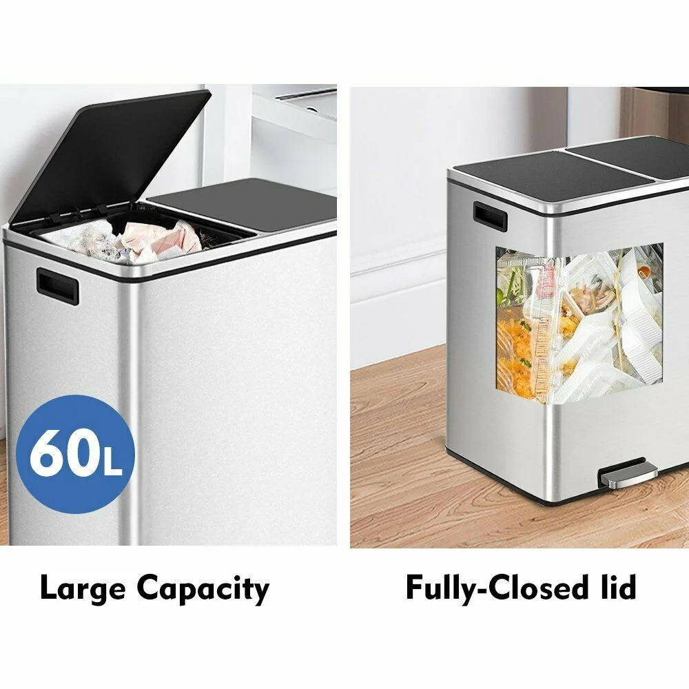 LAZY BUDDY Dual Garbage Can, Stainless Steel 16 Gallon Step Kitchen Trash Can with Soft-Close Lid, Double Compartment Garbage Recycling Bin - Image 19