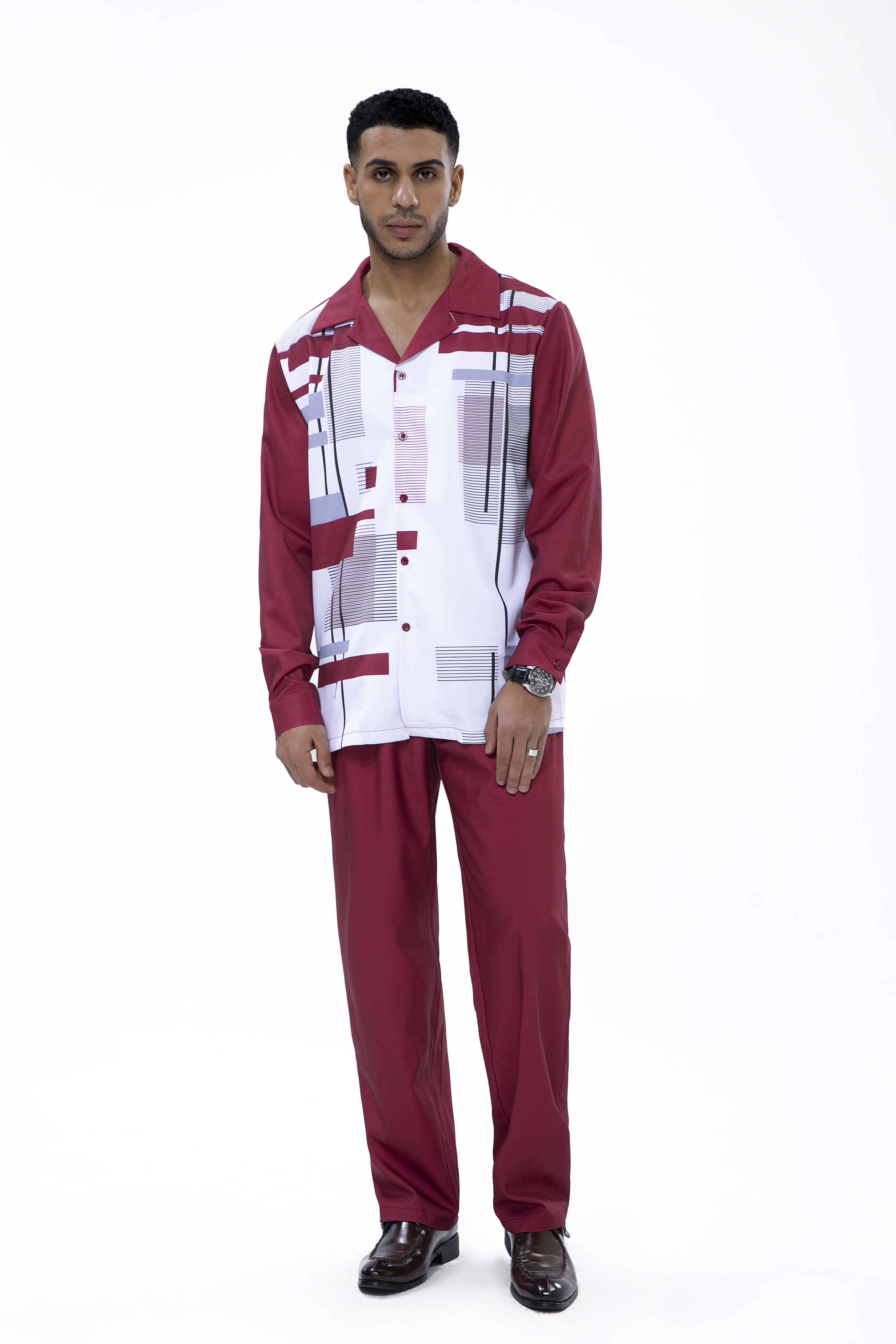 Suitmens Burgundy Geometric Print Walking Suit 2 Piece LongSleeve Set