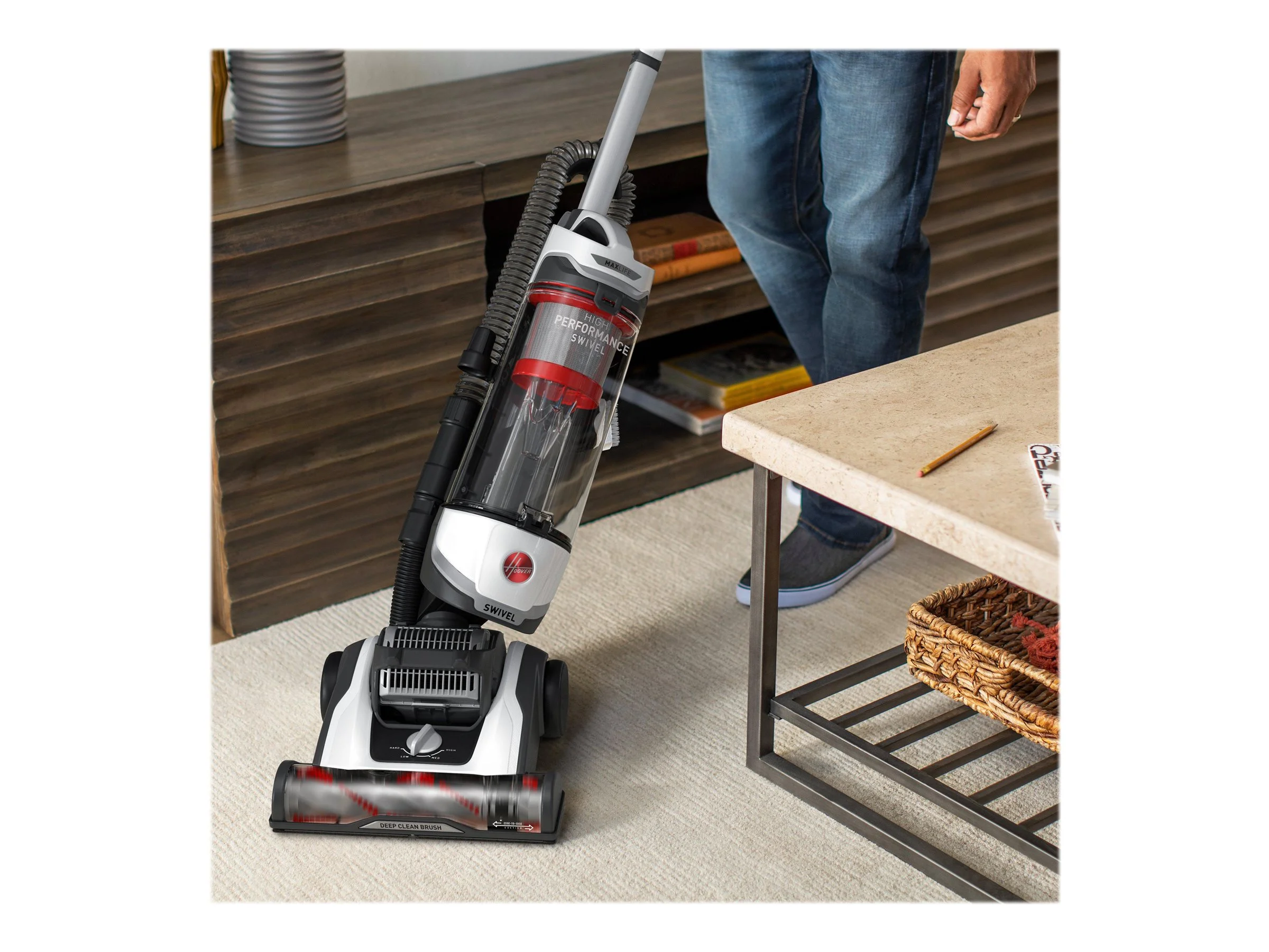 Hoover Bagless Upright Vacuum, High Performance, Pet Friendly, Swivel Design, with Dusting Brush, Extension Wand, HEPA Filter, Crevice & Upholstery Tool, 110 V Red/Grey - Image 3