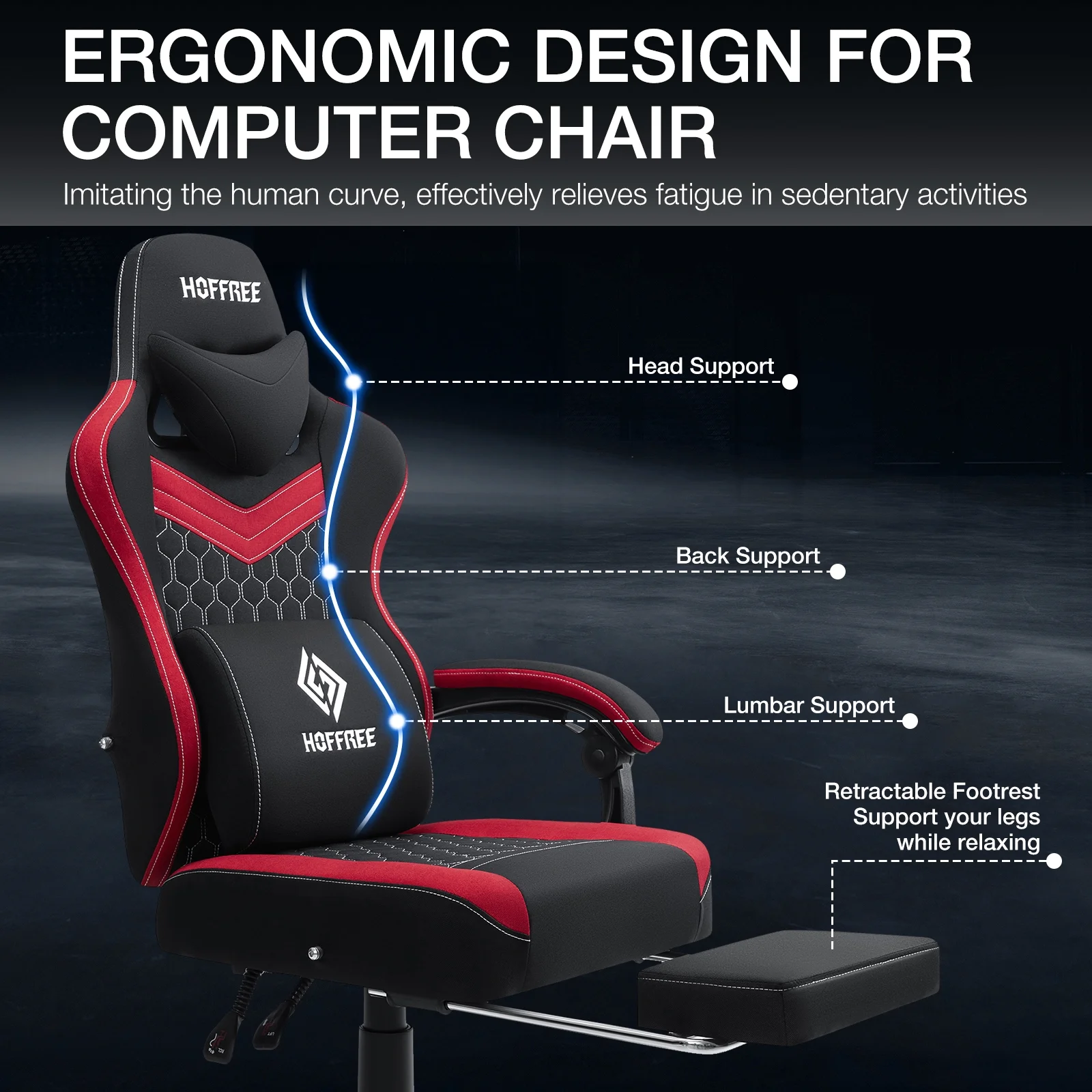 Hoffree Gaming Chair with Massage Fabric Office Chair with footrest for Adults, Ergonomic Gamer Chair with Headrest and Lumbar Support for Office Gaming, 440 LBS - Image 42