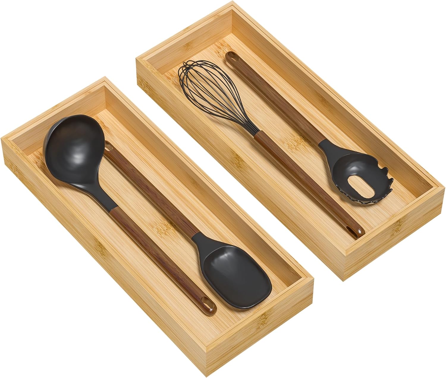 Lixple Bamboo Drawer Organizer for Kitchen Utensils, 2 Pack Stackable Bamboo Kitchen Drawer Organizers, Silverware & Utensil Drawer Trays, 10