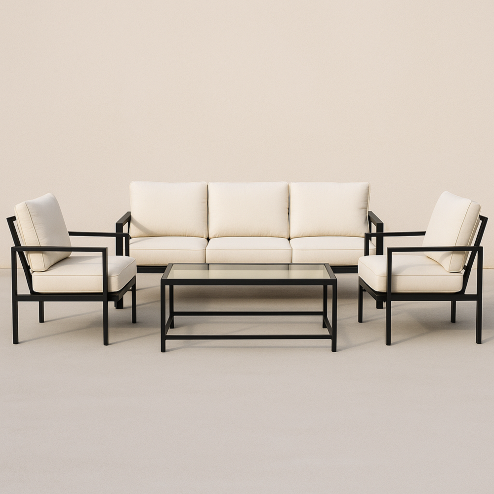 Conjunto de Muebles de Exterior Sofá 3 Plazas + 2 Sillones + Mesa Centro 120x60 cm - Cojines Beige, Estructura Negra