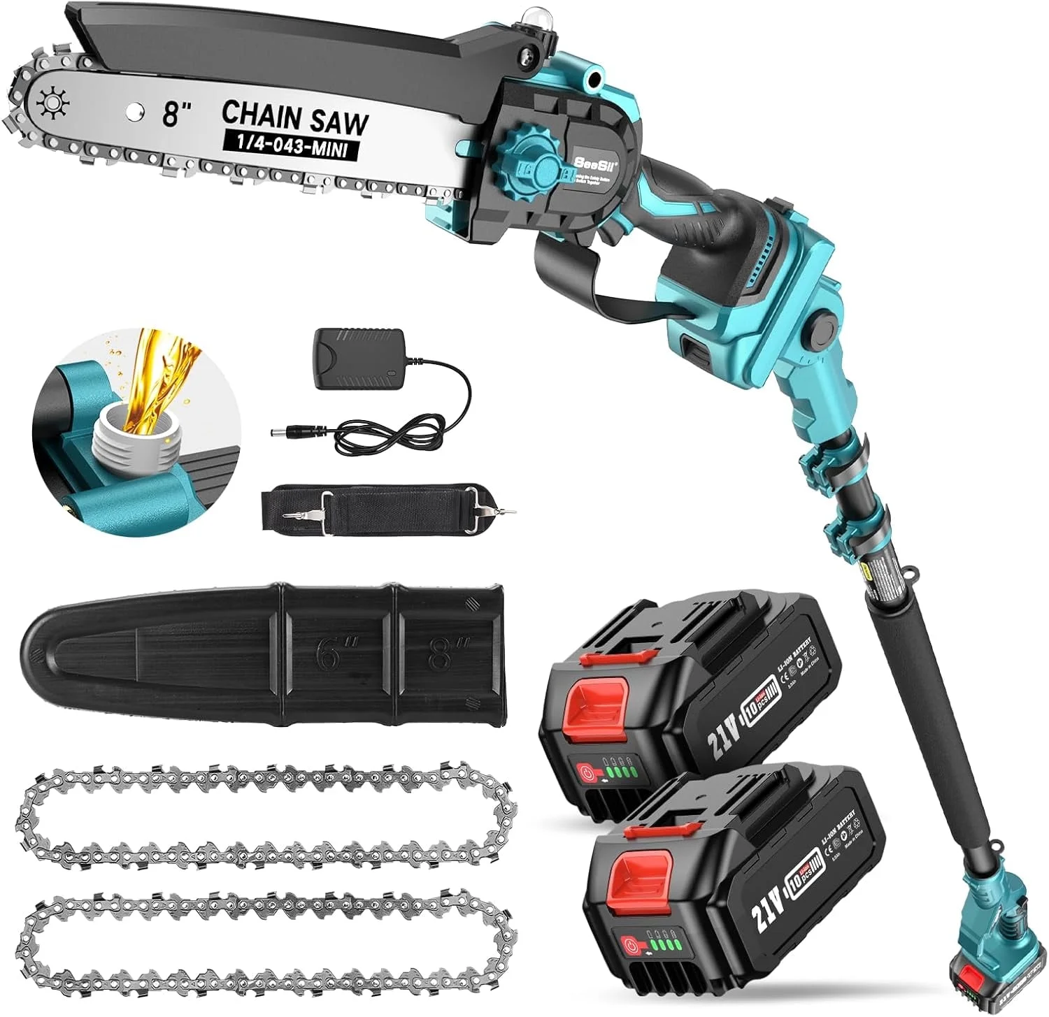 Seesii 2-in-1 Cordless Pole Saw, 8 Inch Brushless Pole Chainsaws Mini Handheld Chainsaw with 2Pcs 21V Batteries, 2x Chains, Auto Oiler, 16FT MAX Extension Pole Saws for Tree Trimming - Image 10