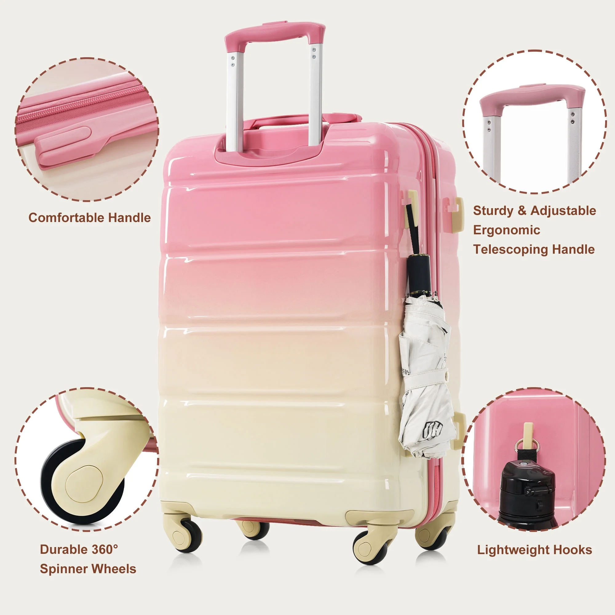 PAPROOS 3-Piece Luggage Set (20''/24''/28''), Hardshell Lightweight Suitcase with USB Port and Side Hooks, Travel Luggage with TSA-Lock, Hardside Rolling Luggage for School, Travel, Pink - Image 4