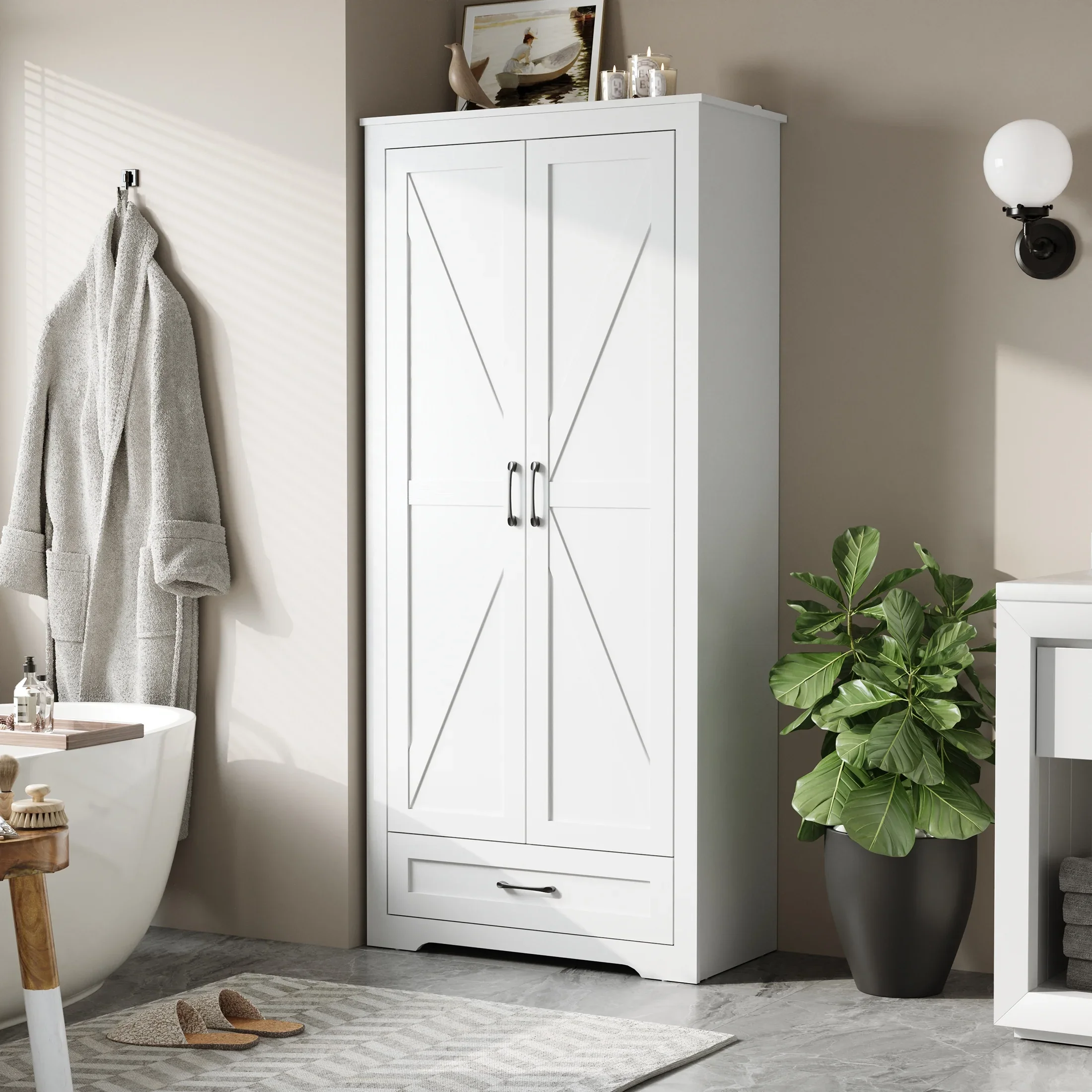 YouTrend 69" Tall Kitchen Pantry,Farmhouse Storage Cabinet with 2 Barn Doors 4 Adjustable Shelves and Large Drawer for Dining Room,Living Room,Bathroom,White