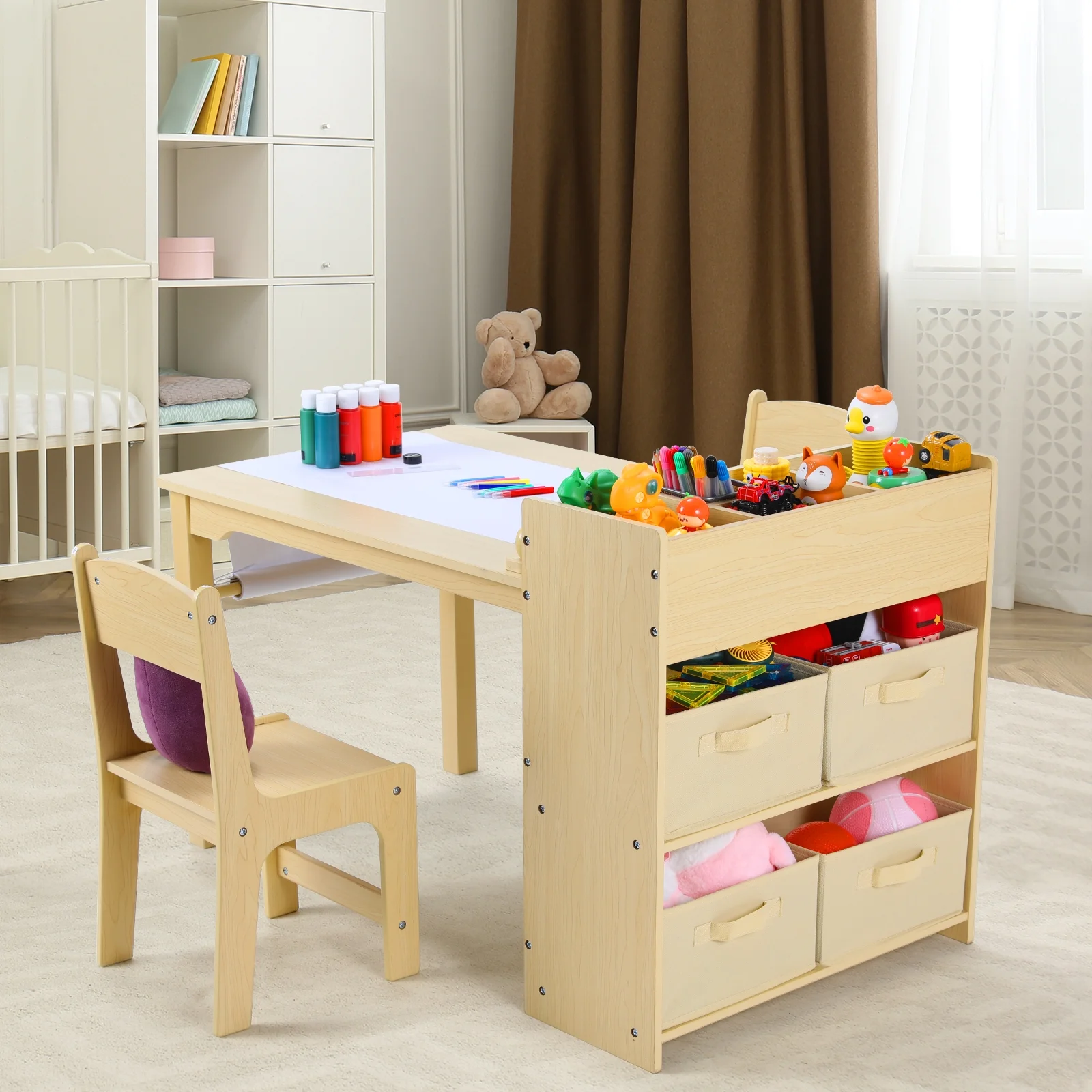 Pirecart Kids Art Table and 2 Chairs Toddler Craft Set Wooden Play Activity Drawing Table with 4 Storage Bins and Paper Roll - Image 5