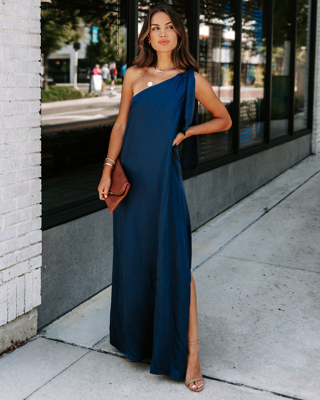 Invite Only Satin One Shoulder Maxi Dress - Navy - Se7enfashion