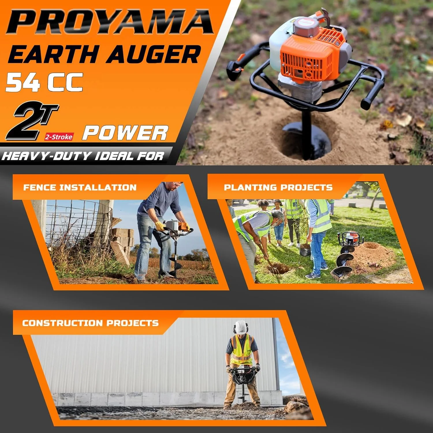 PROYAMA 54cc Post Hole Digger 2 Stroke Gas Powered Earth Digger, 5-Year Warranty Gear Box, 4 Drill Bits 4" 6" 8" 12" + Extension Rod - Image 2