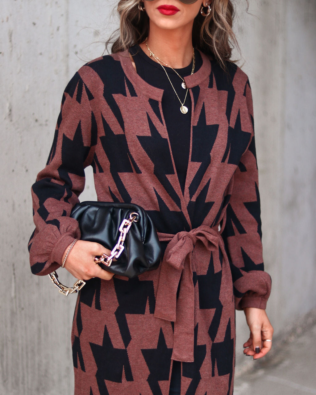 Coffee Errands In Style Pocketed Houndstooth Duster Cardigan - Brown - Se7enfashion