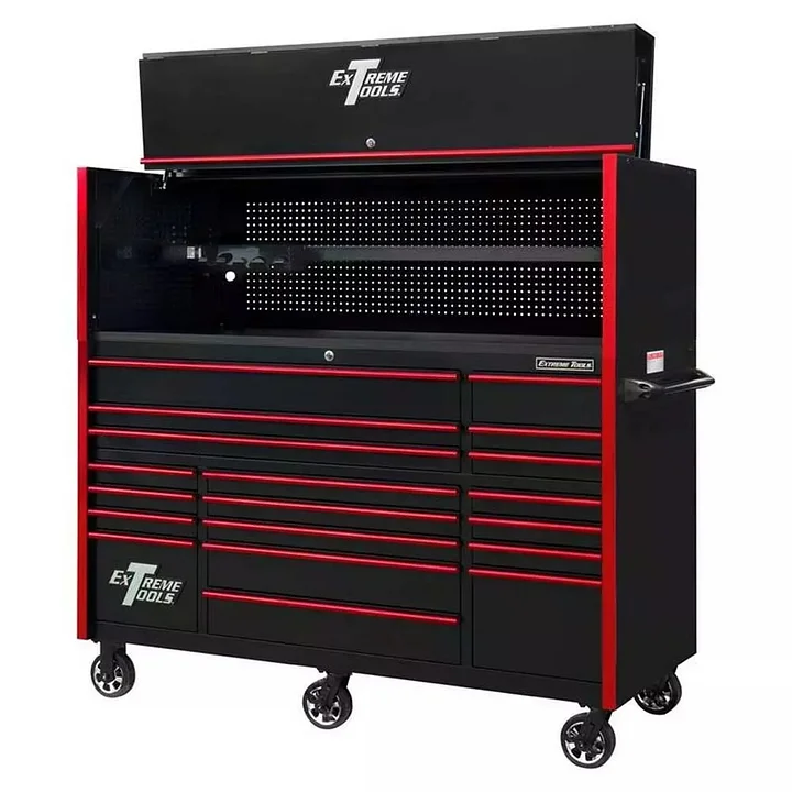 EXTREME TOOLS 72" RX SERIES 19-DRAWER 30" DEEP ROLLER CABINET W/HUTCH - BLACK W/RED DRAWER PULLS