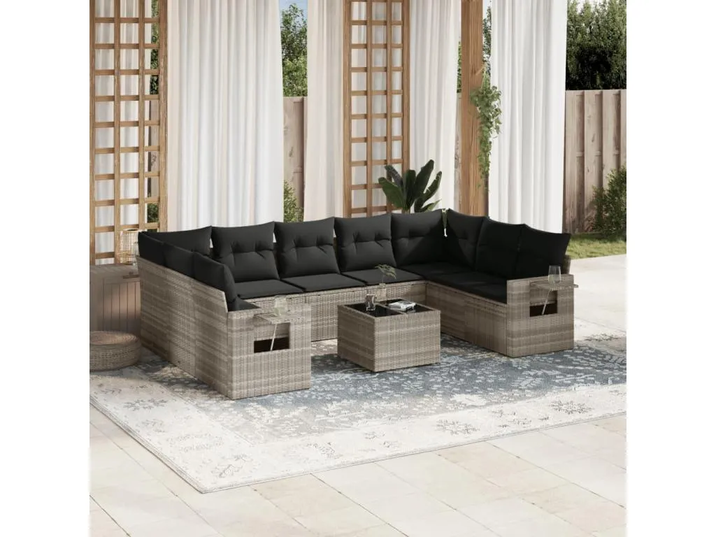 Set sofás jardín 10 pzas con cojines ratán sintético gris claro