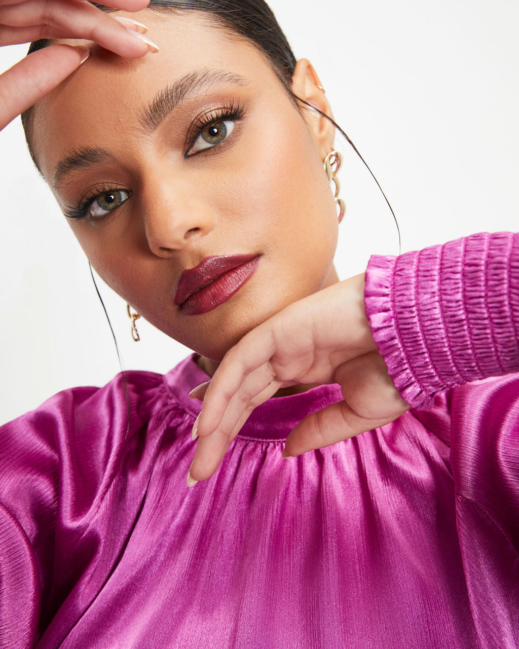 Jaylene Satin Long Sleeve Top - Magenta - Se7enfashion