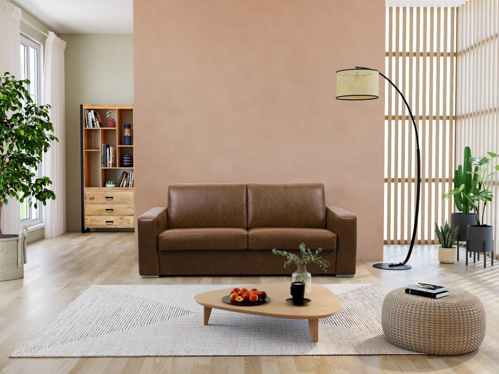 Sofá cama de 3 plazas - piel de búfalo color caramelo - con colchón de 18 cm