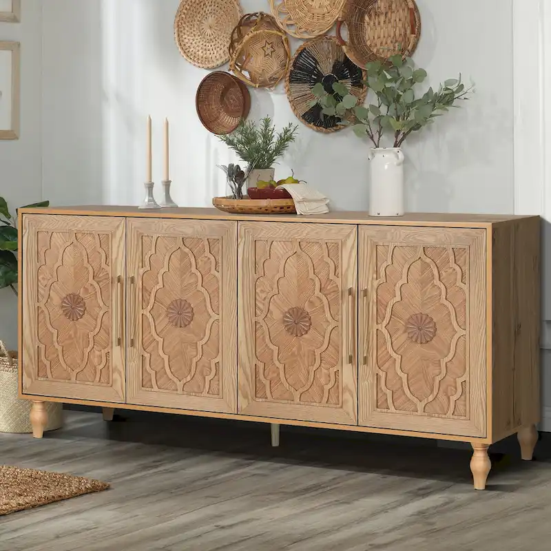 Large Floral Carved Storage Cabinet - Sideboard Buffet