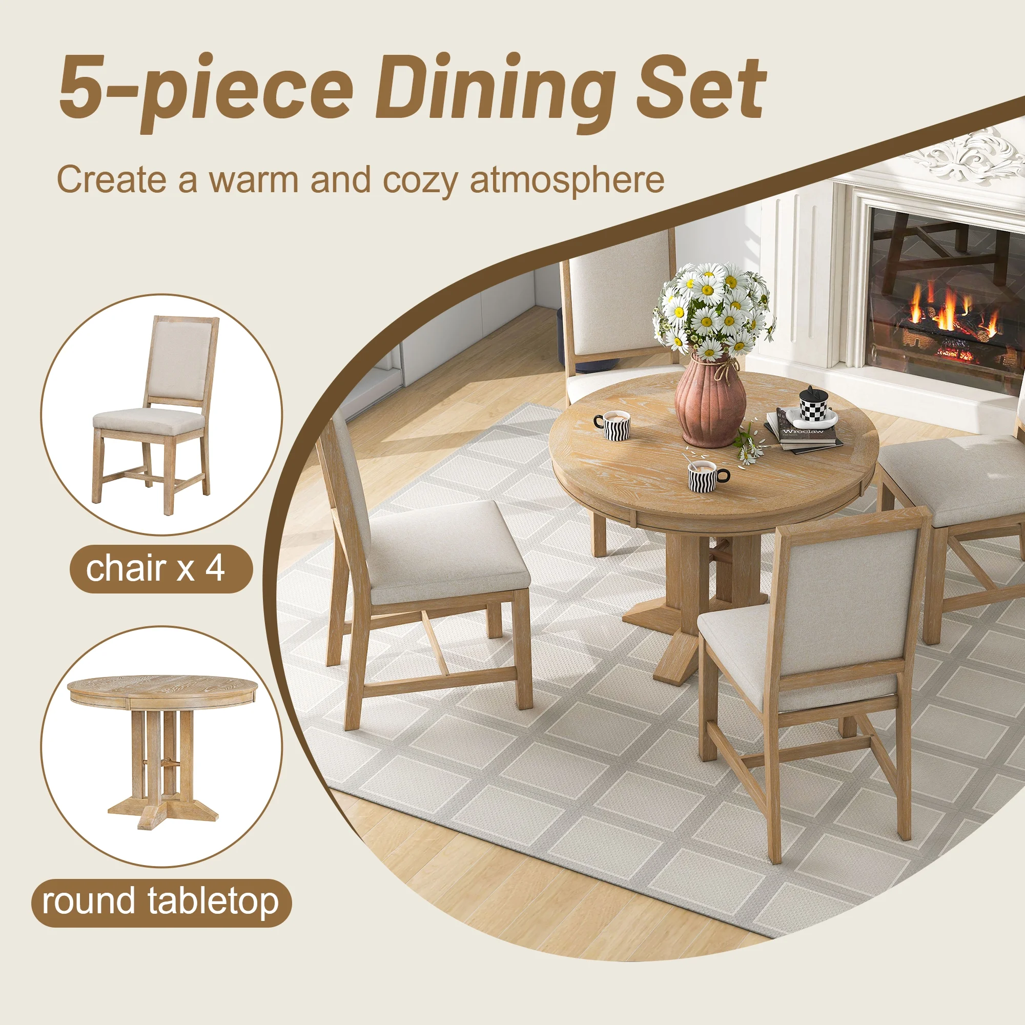 5 Piece Round Dining Table Set, Dining Room Set with Extendable Table and 4 Upholstered Chairs, Wood Dining Table Set for 4, Farmhouse Dining Table Set for Kitchen Dining Room Dorm Apartment, Brown - Image 6