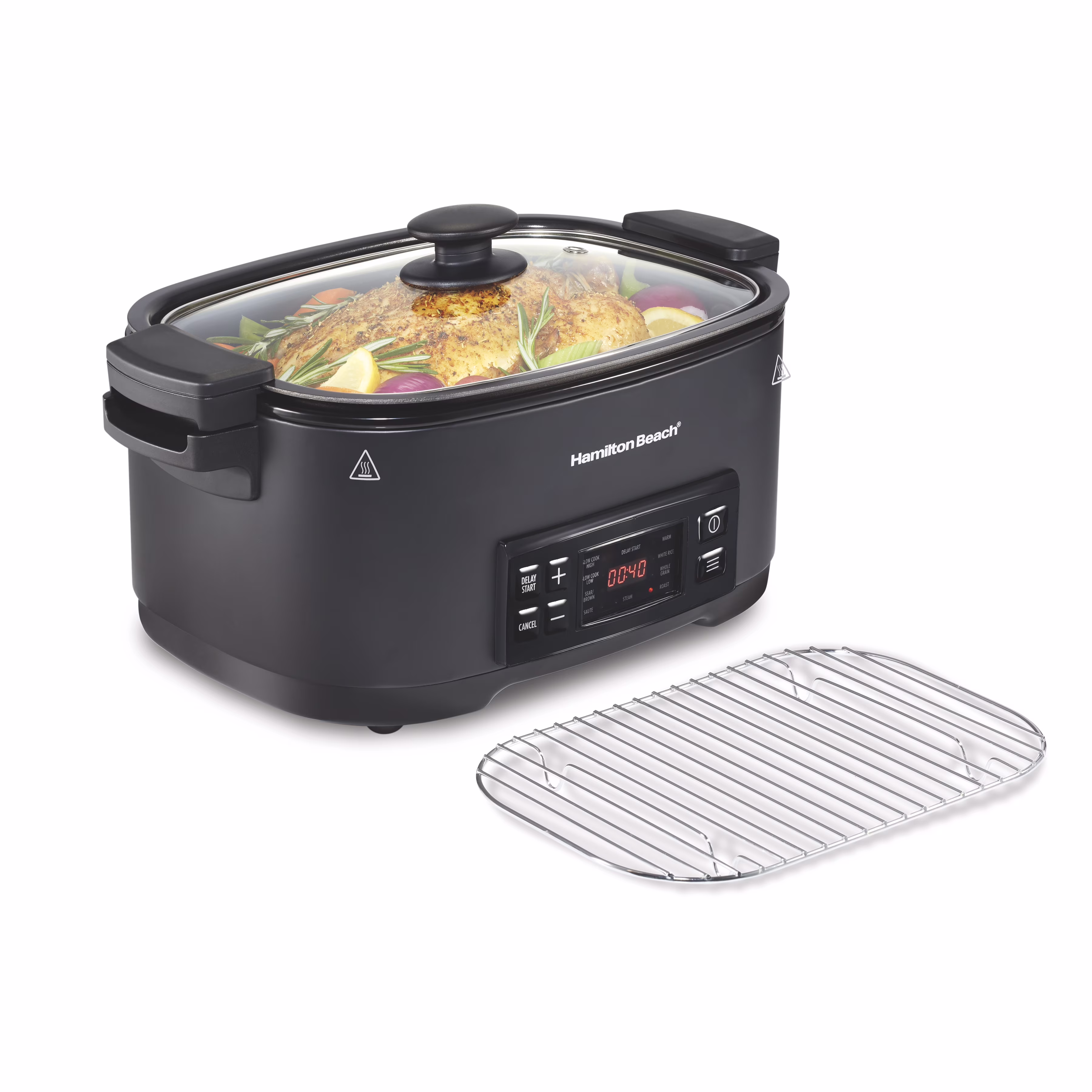 Hamilton Beach 9 - in - 1 Multi Cooker, 6 Qt Searing Slow Cooker, Nonstick Aluminum Crock with Removable Pot, Black(Black)