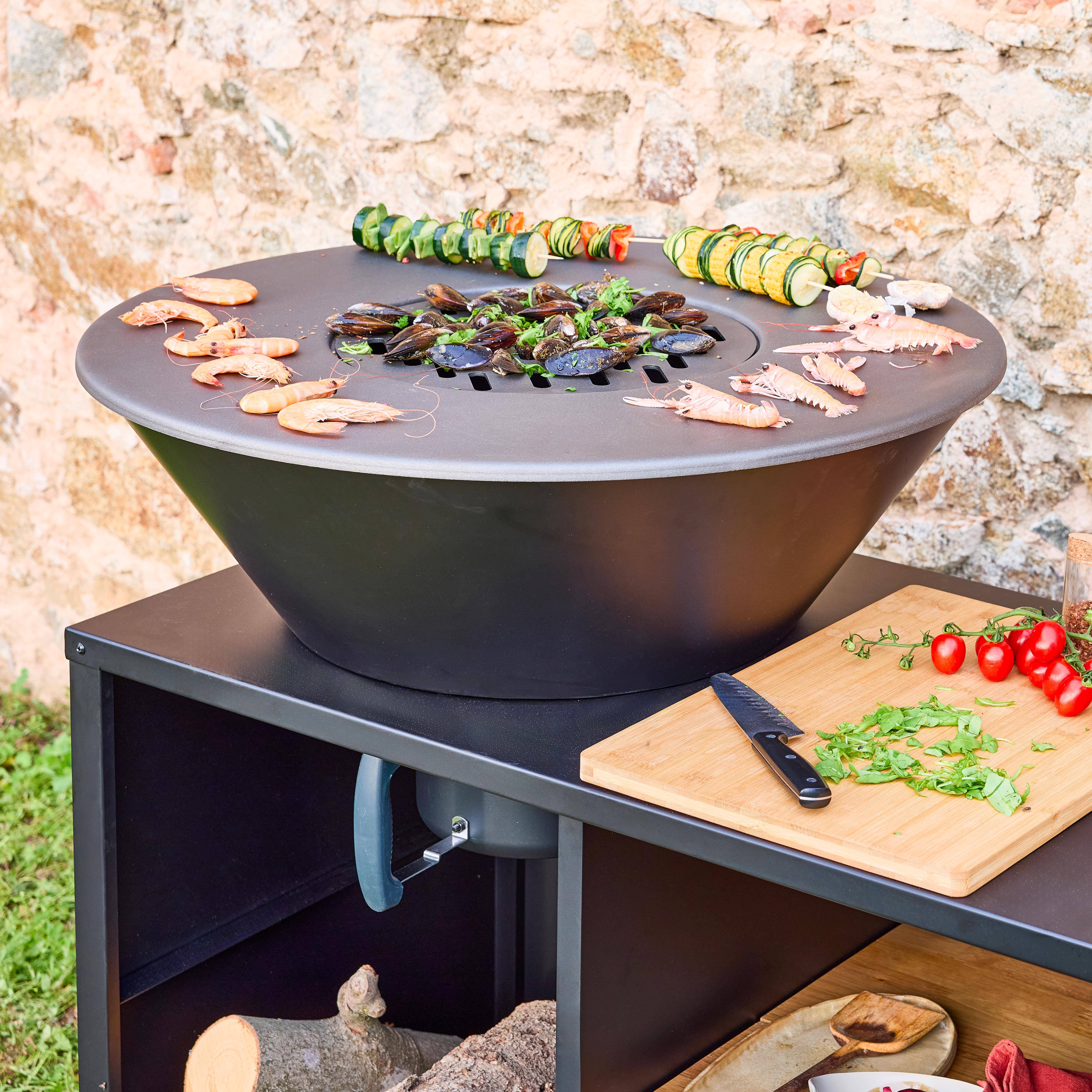 Stromboli - Brasero barbacoa 80cm + carrito con espacios de almacenamiento