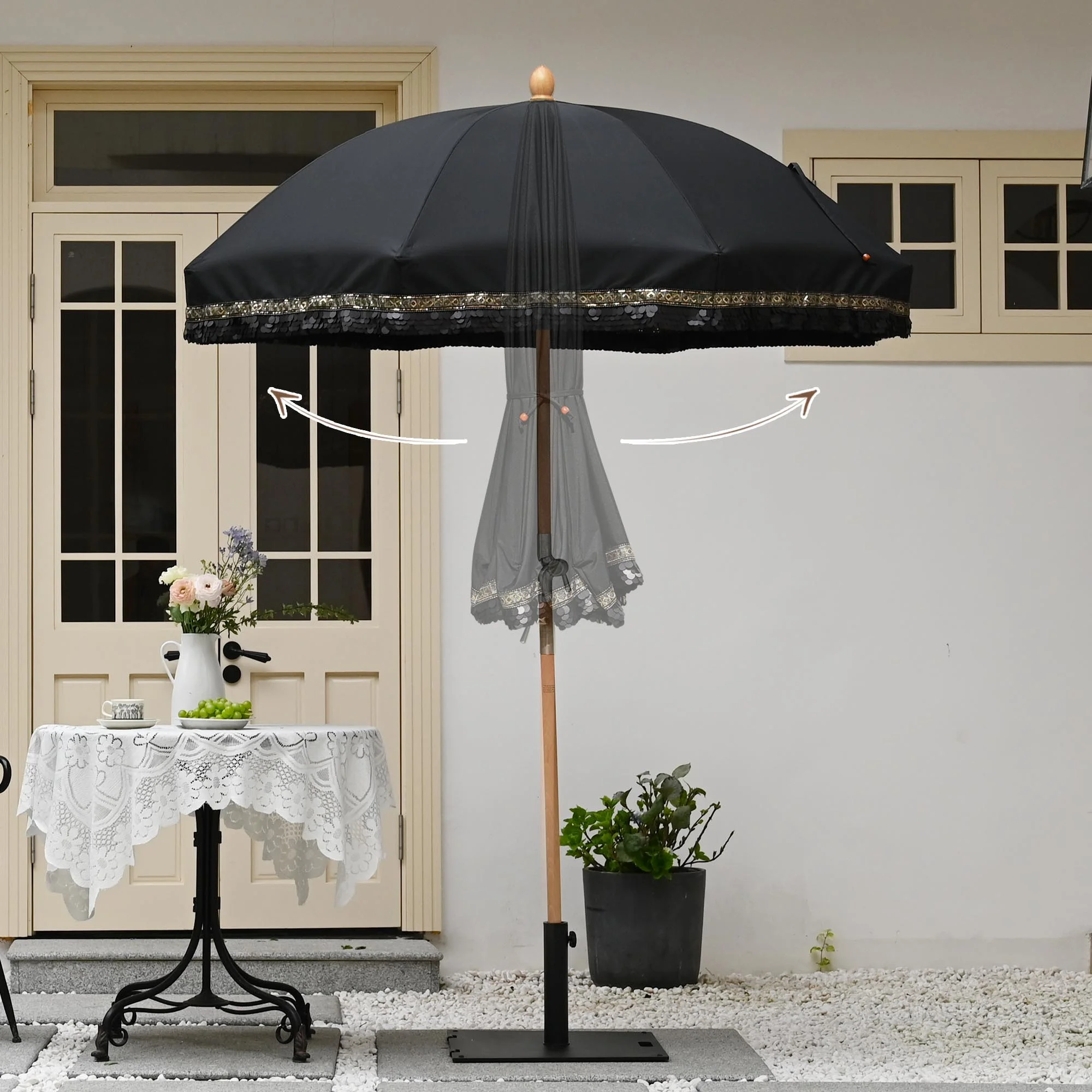 LAGarden 6 Ft Fringe Patio Umbrella with Tassel Jazz Age Wood UPF50+ for Outdoor, Beige with gold tassel,Model: JZ6-01 - Image 16
