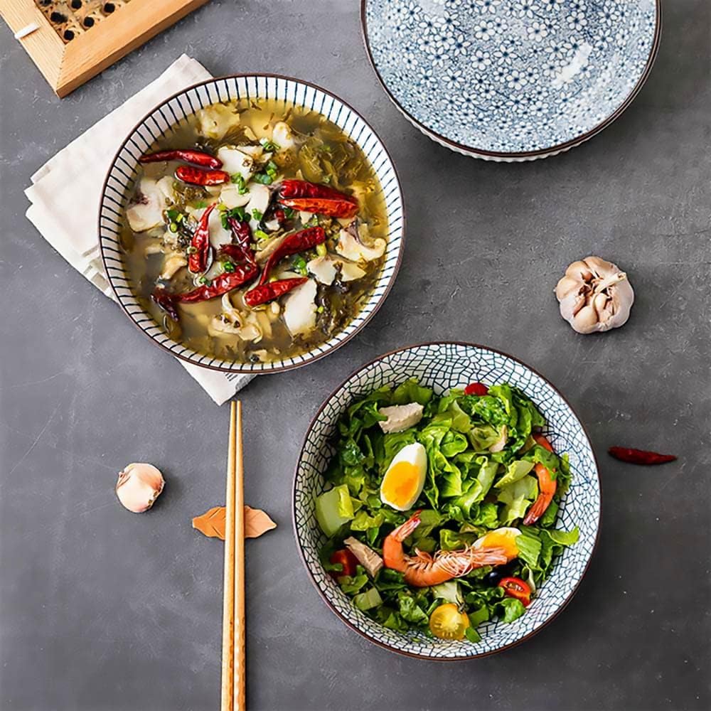 Houlu 60 oz Pho Bowls, Large Soup Bowl, Japanese Ramen Bowl Set, 8 inches Big Porcelain Bowls Set of 3, Mixing Pattern