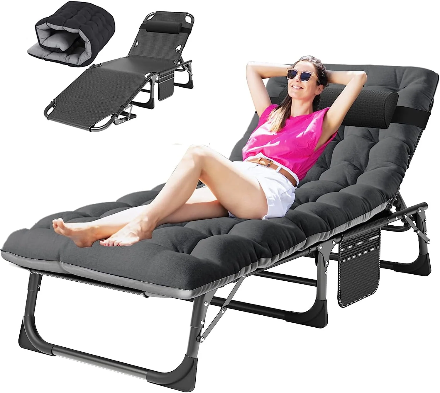 SLSY Folding Camping Cot with 2 Sided Cushion & Pillow, Adjustable 5-Position Outdoor Portable Folding Lounge Chair, Folding Sleeping Cots Bed - Image 8