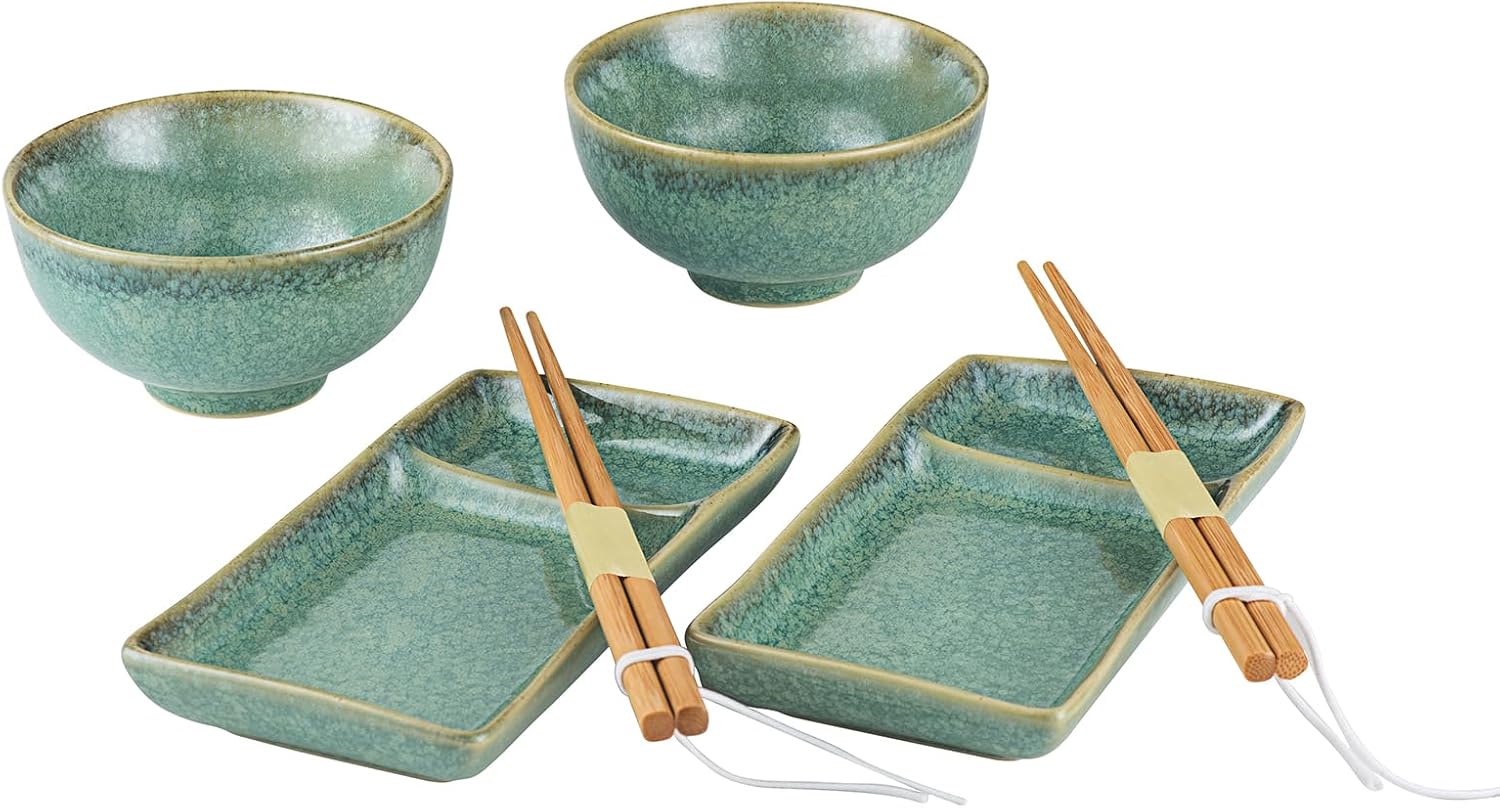 HENXFEN LEAD Ceramic Japanese Appetizer Sushi Plates and Bowls Set for 2 | 7