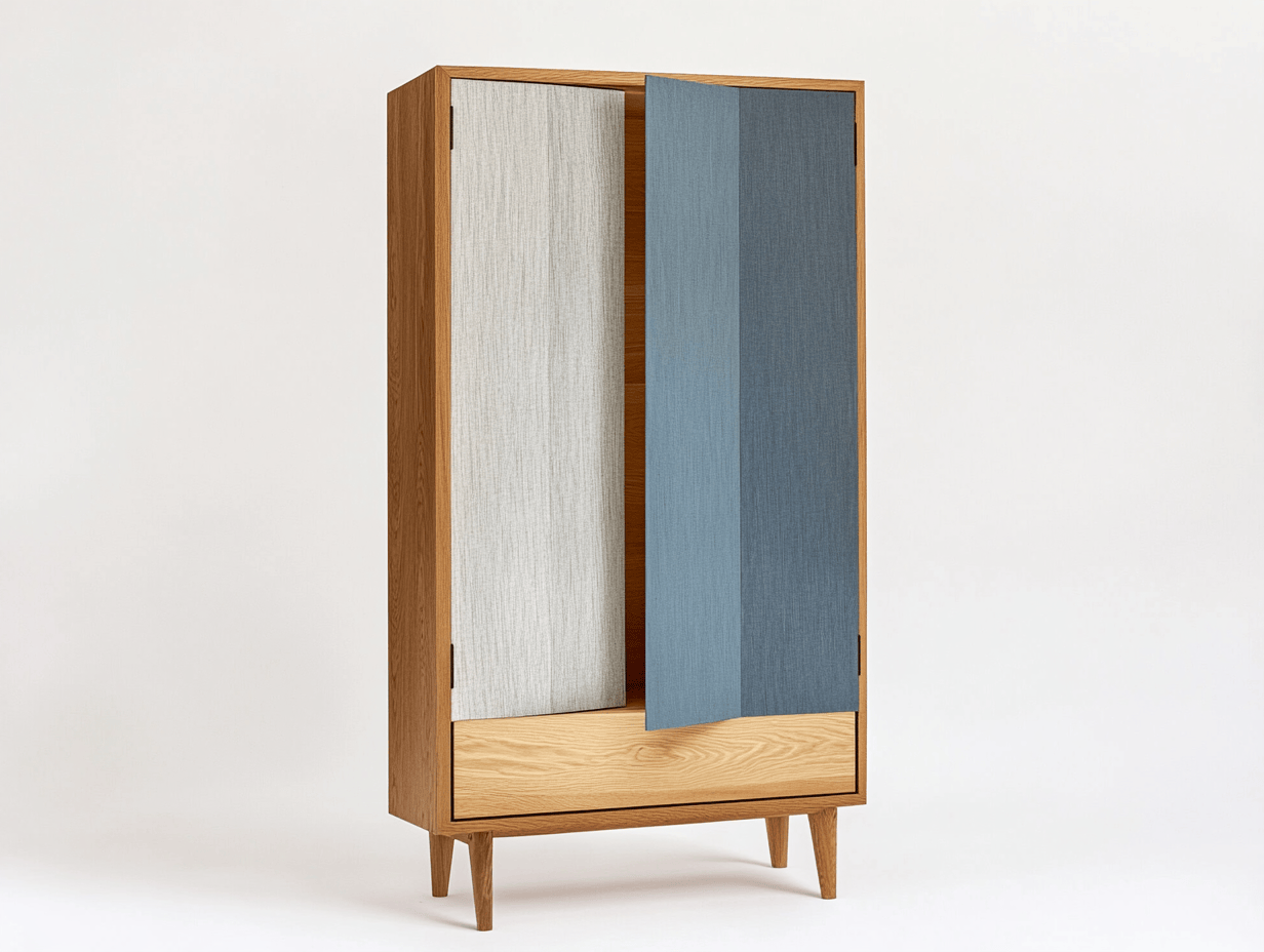 Armario de madera con puertas de tela en azul y gris para salón o dormitorio