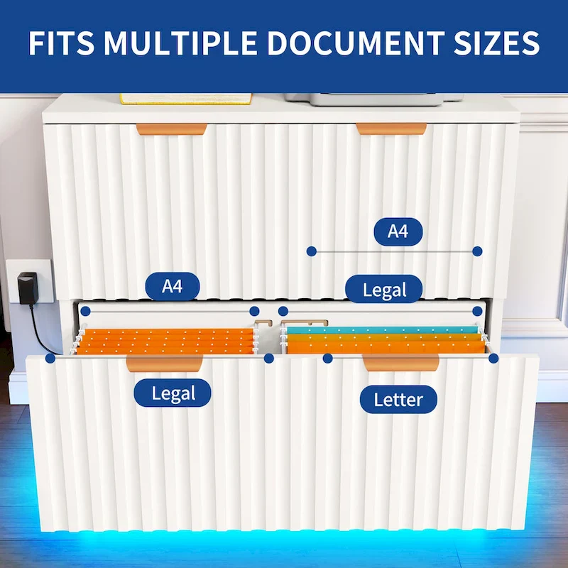 Moasis Lateral Filing Cabinet with LED Lighting and 2 Drawers for Home Office