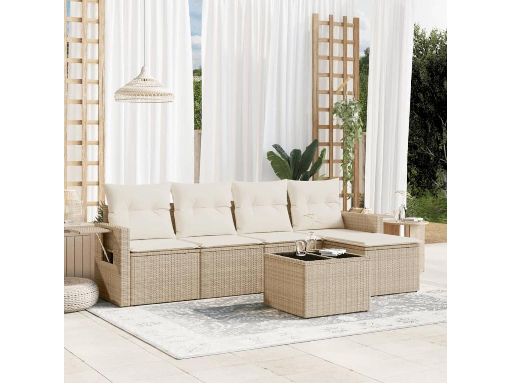 Juego de sofás jardín con cojines 6 piezas ratán sintético beige 52414SEHO