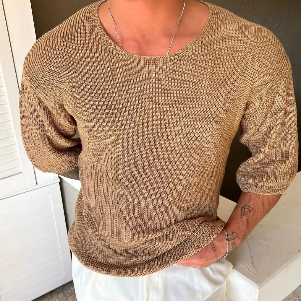 Knitted Wool 3/4 Sleeve Solid T-Shirt