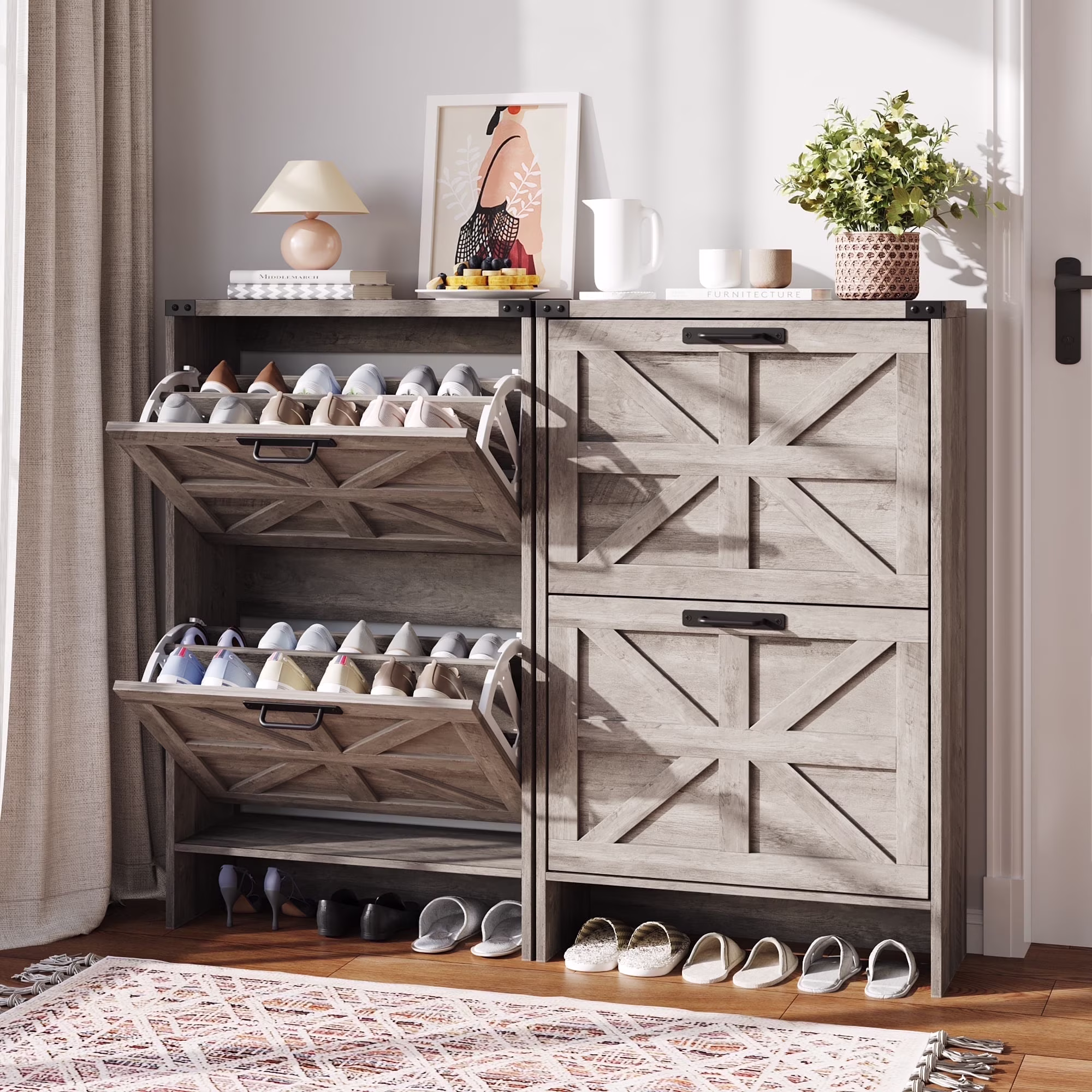VEANERWOOD Shoes Storage Cabinet With Doors, Farmhouse Shoe Cabinet With 2 Flip Drawers For Entryway,Gray - Image 5