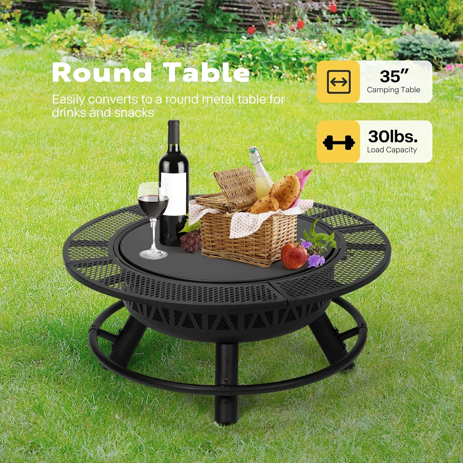 SPECSTAR 3-in-1 Fire Pit-35 in Wood Burning Firepits with Cooking Grill Grate & Charcoal Pan & Cover Lid, Metal Table for Backyard Bonfire BBQ Outdoor Camping Picnic - Image 6