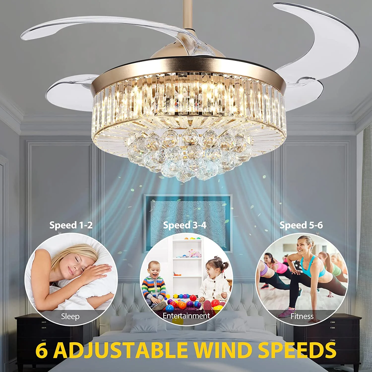 Datingday 42 Inch Crystal Ceiling Fan Golden Crystal Ceiling Fan Chandelier with Remote 6 Speeds 3 Colors Changes Lighting Fixture, 4 Blades Retractable Fans for Bedroom Living Room Dining Room - Image 9