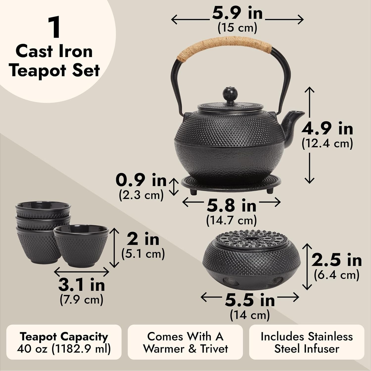Juvale Tea Kettle Stovetop Japanese Cast Iron Tetsubin - 40 oz, Black - Cast Iron Tea Set & Teapot with Loose Leaf Infuser, Warmer & 4 Cups, Trivet