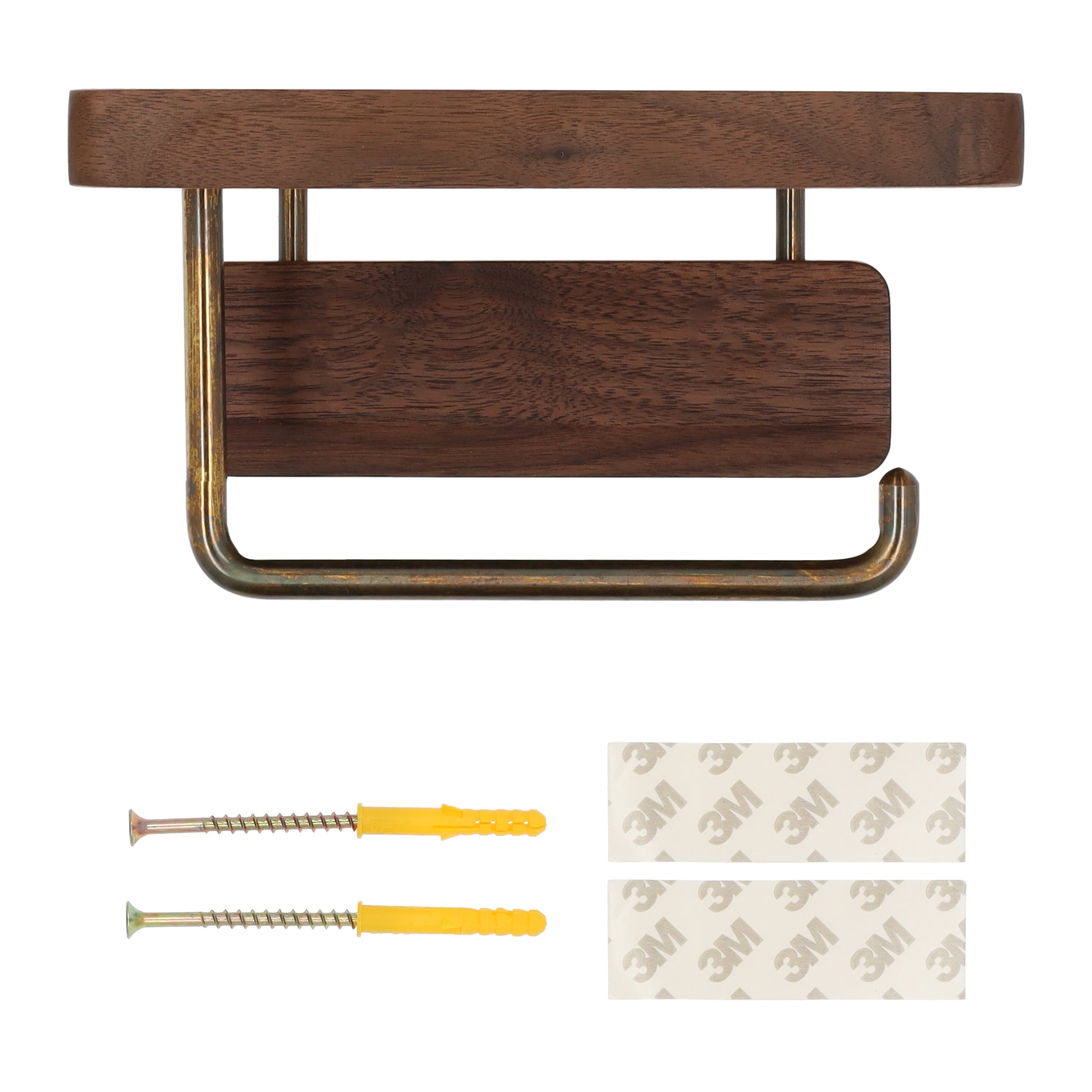 QUVIO Toiletrolhouder met plankje - Hout en goud metaal