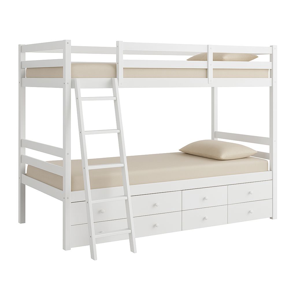 Cama literas blanca con escaleras, almacenamiento debajo, diseño moderno, estructura resistente, funcional para habitaciones infantiles