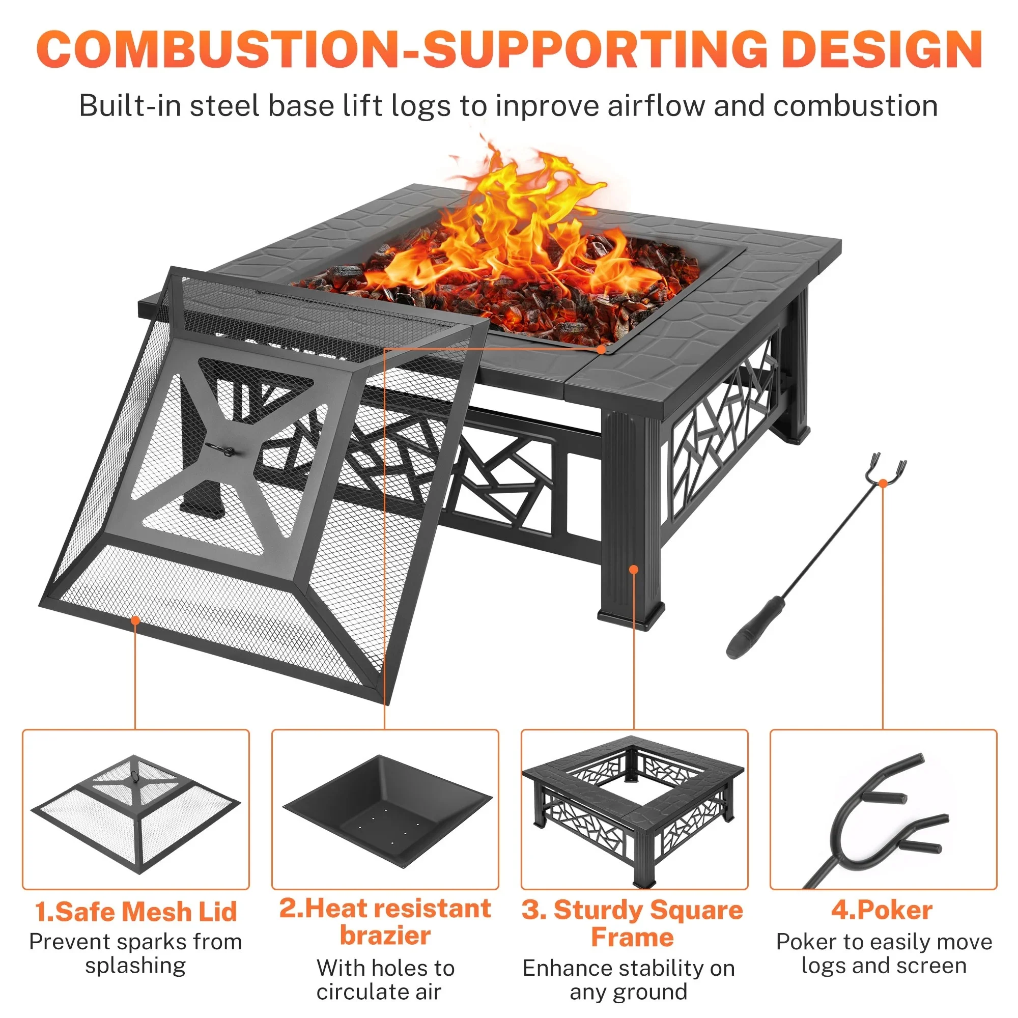32" Fire Pits for Outside, SYNGAR Wood Burning Bonfire Fire Pit Table with Mesh Lid, Grate, BBQ Grill and Poker, Outdoor Metal Square Fire Pit for BBQ, Camping, Picnics, Backyard - Image 5