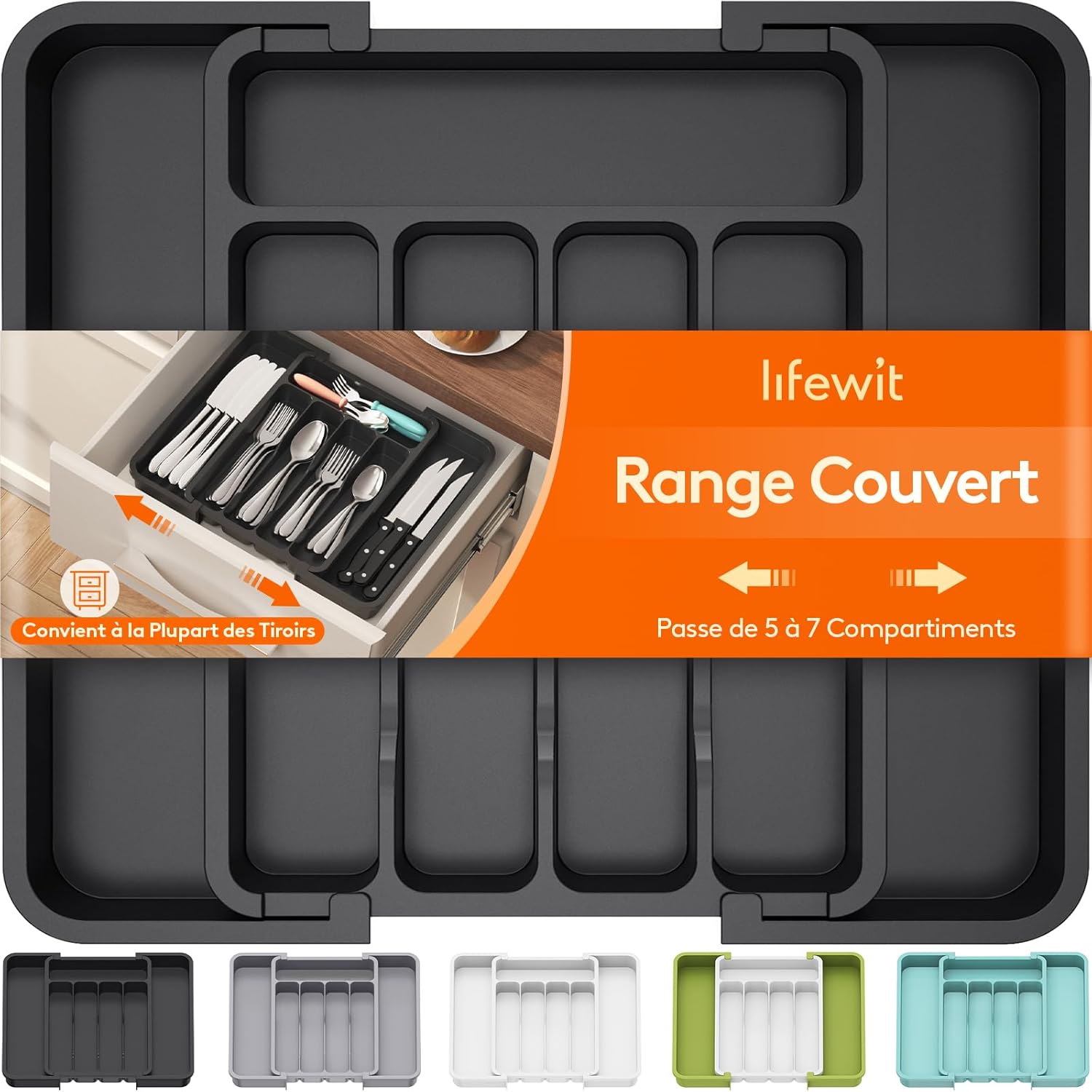 Lifewit Silverware Drawer Organizer, Expandable Utensil Tray for Kitchen, BPA Free Flatware and Cutlery Holder, Adjustable Plastic Storage for Spoons Forks Knives, 8.9-14.7 x 12.2