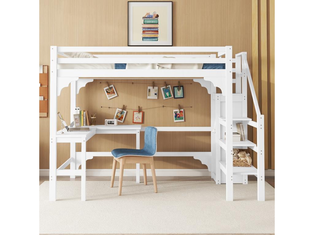 Cama Cozovis 140 x 200 cm con escritorio esquinero y armario - madera de pino - somier - blanco