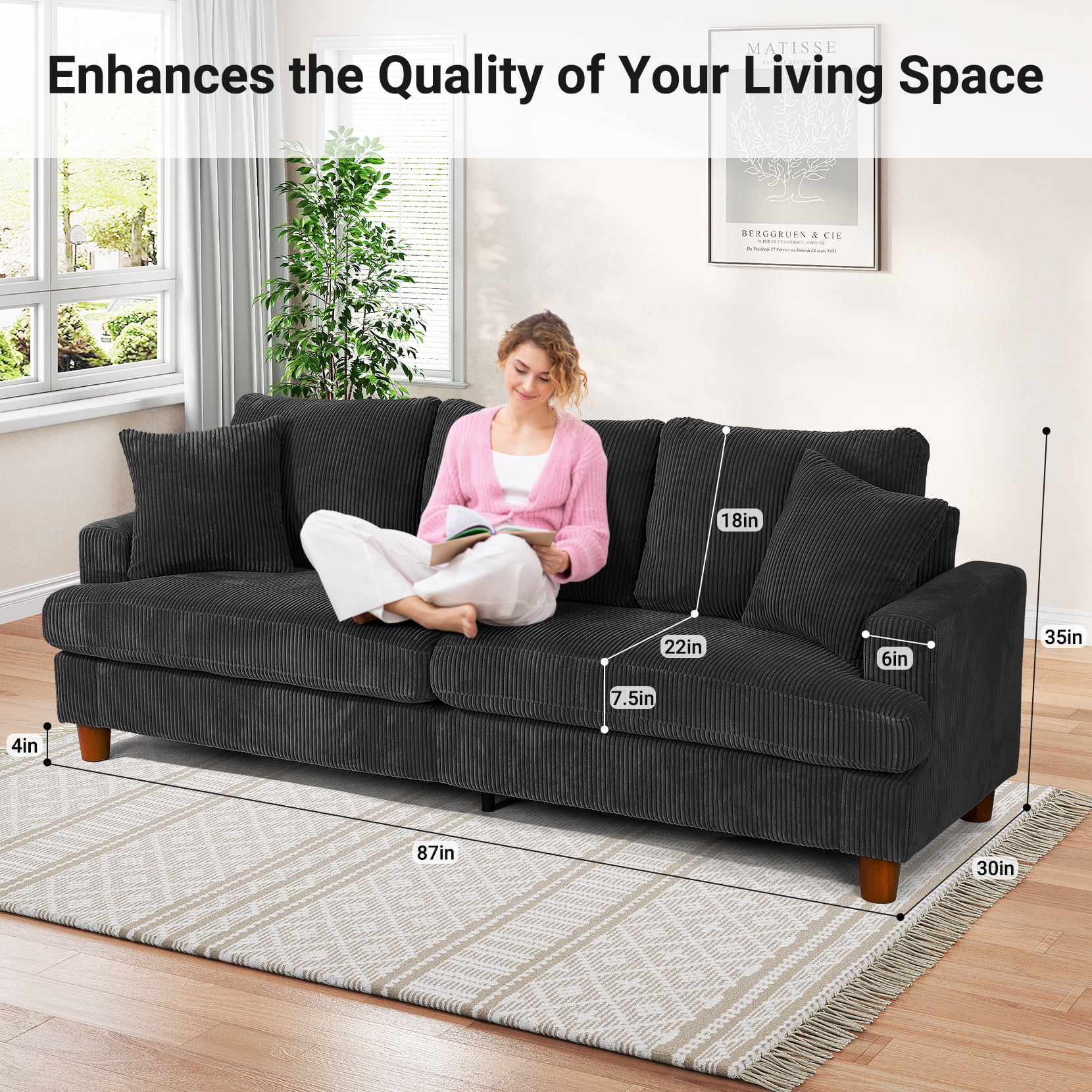 87" Corduroy Sofa,3 Seater Sofa with Extra Deep Seats,Neche Comfy Upholstered Couch for Living Room,2 Pillows,Green - Image 35
