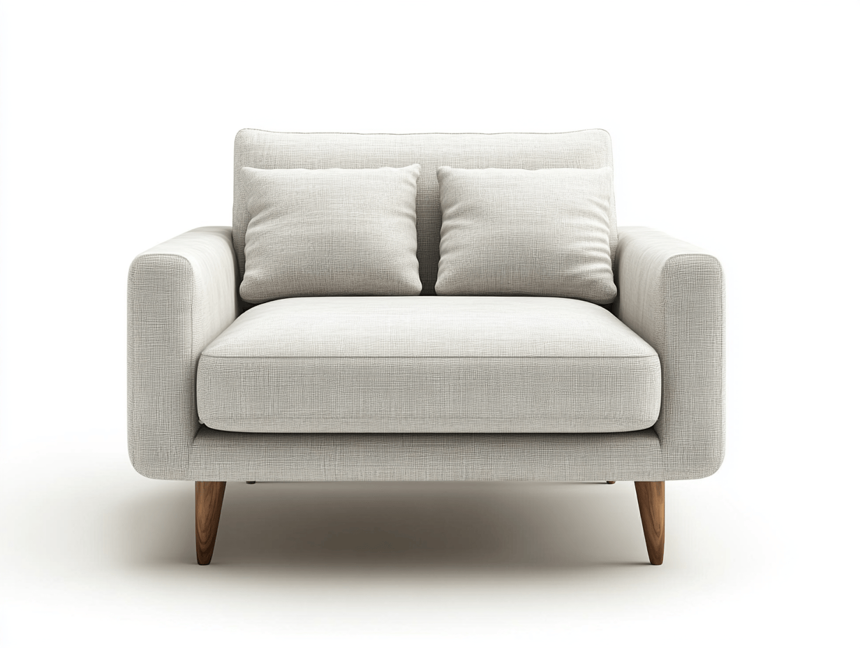 Sillón de tela gris claro con reposabrazos cuadrados y patas de madera