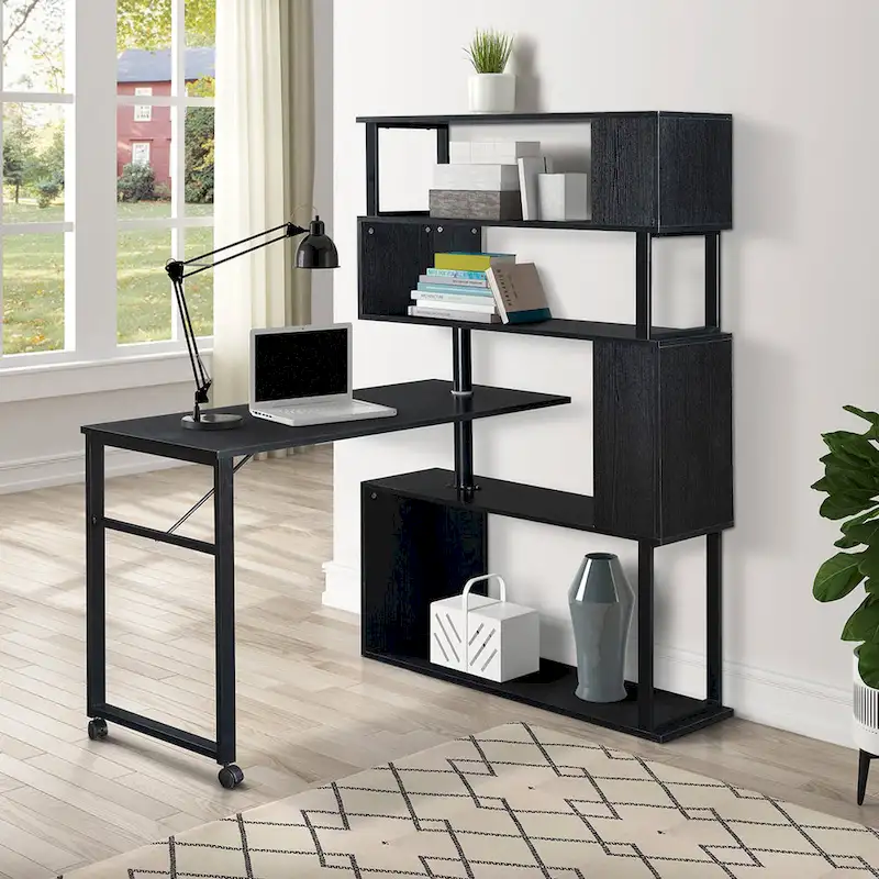 Modern Computer Desk with 5-Tier Shelves – Space-Saving Rotatable Workstation