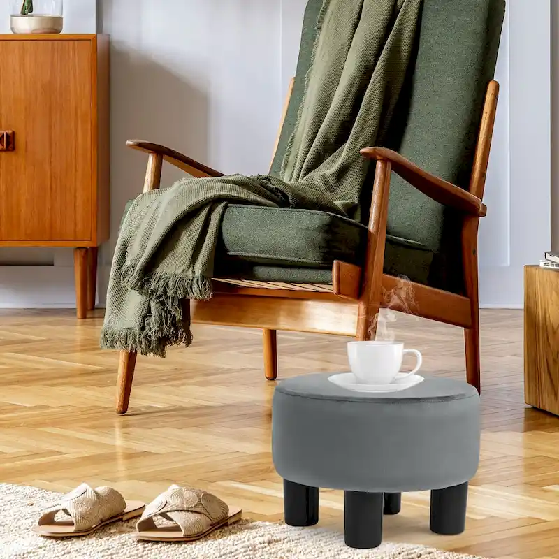 Adeco Modern Velvet Round Ottoman Footrest Stool with Padded Seat