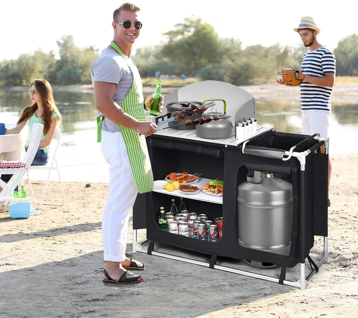 Camping Kitchen Table, Camping Grill Table w/Windscreen & Storage Organizer, Outdoor Kitchen Cook Station with Basin for BBQ, Party, Picnics, Backyards, BBQ Table - Image 3
