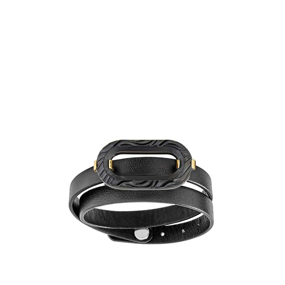 BRACELET CUIR EMPREINTE ANIMALE - CRISTAL NOIR, LAITON PLAQUÉ OR JAUNE 18 CARATS