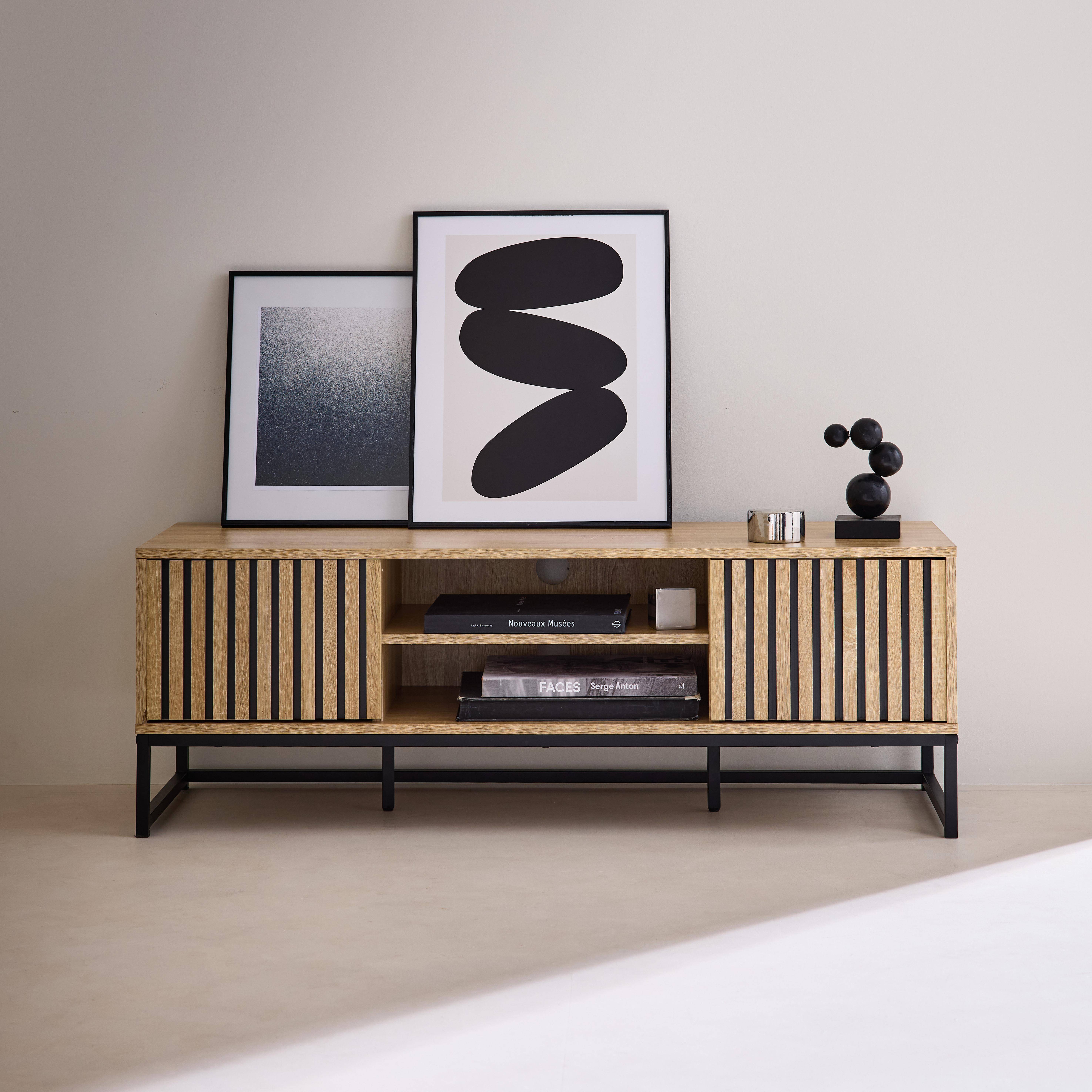 Lisbonne - Mueble TV 2 puertas de madera ranurada y metal negro L 120