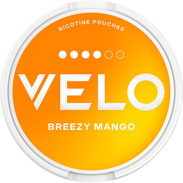 VELO Breezy Mango 11mg nicotine pouches — Slim Moist can with 20 strong tropical-mango pouches