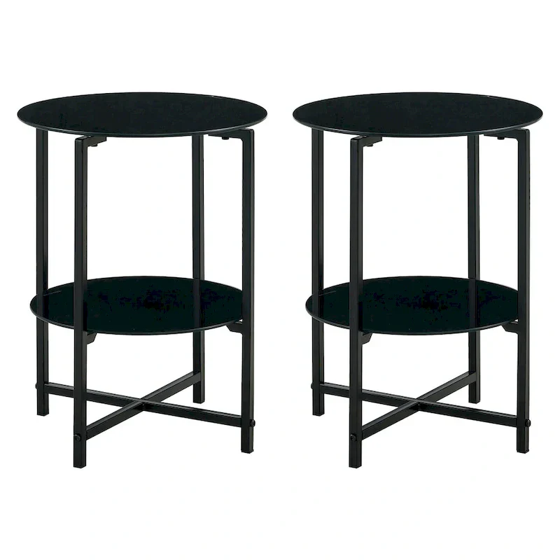 Black 2-Piece Tempered Glass End Table Set - Round Coffee Table for Bedroom, Living Room, and Office
