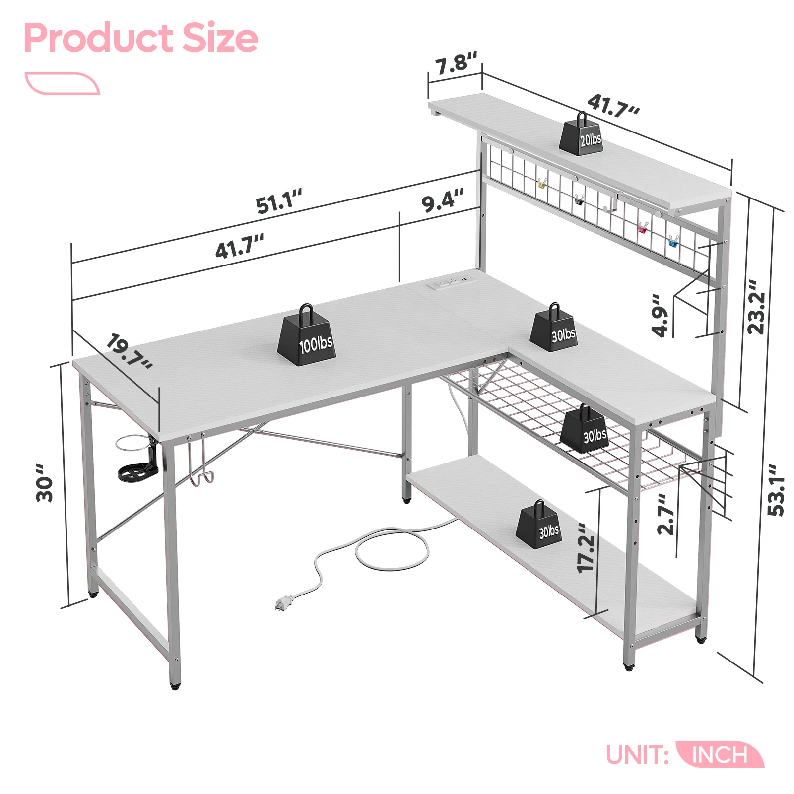 Bestier 51 L Shaped Gaming Desk with Power Outlets & LED Light, Computer Desk with 4 Tiers Shelves for Home Office, Reversible Gamer Table with Hooks and Cup Holder, Carbon Fiber - Image 19